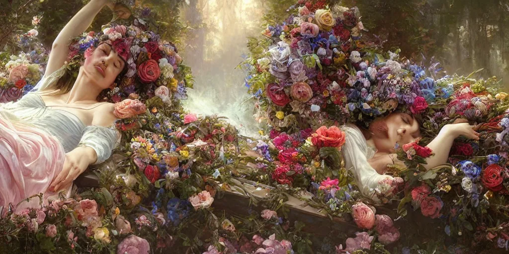 Image similar to an elaborate coffin with a mysterious sleeping beauty holding a large bouquet of flowing flowers,, fantasy, regal, intricate, by stanley artgerm lau, greg rutkowski, thomas kindkade, alphonse mucha, loish, norman rockwell