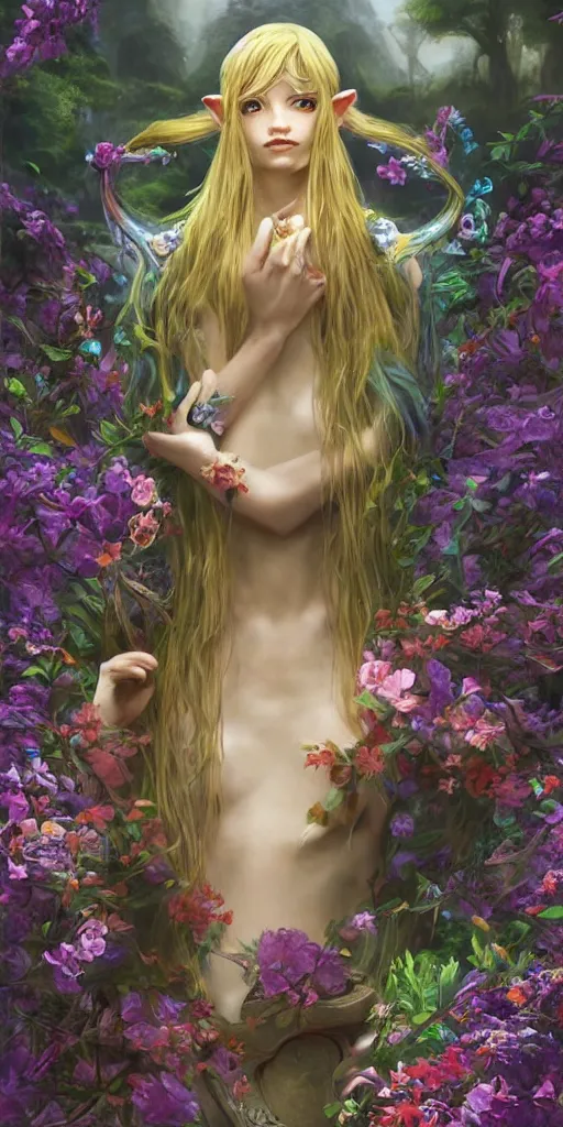 Image similar to a professional painting of the great fairy from legend of Zelda ocarina of time, long golden hair full of flowers, beautiful bone structure, symmetrical facial features, floating above a water fountain in a lush garden, , intricate, elegant, digital painting, concept art, smooth, sharp focus, illustration, from Metal Gear, by Ruan Jia and Mandy Jurgens and Artgerm and William-Adolphe Bouguereau