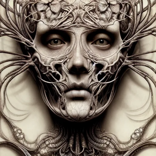 Image similar to detailed realistic beautiful porcelain calaveras face portrait by jean delville, gustave dore, iris van herpen and marco mazzoni, art forms of nature by ernst haeckel, art nouveau, symbolist, visionary, gothic, neo - gothic, pre - raphaelite, fractal lace, intricate alien botanical biodiversity, surreality, hyperdetailed ultrasharp octane render