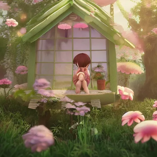 Image similar to a tiny cute fairy in a flower house, beautiful face, large eyes, cute, adorable, volumetric light, octane render, studio ghibli, trending on artstation