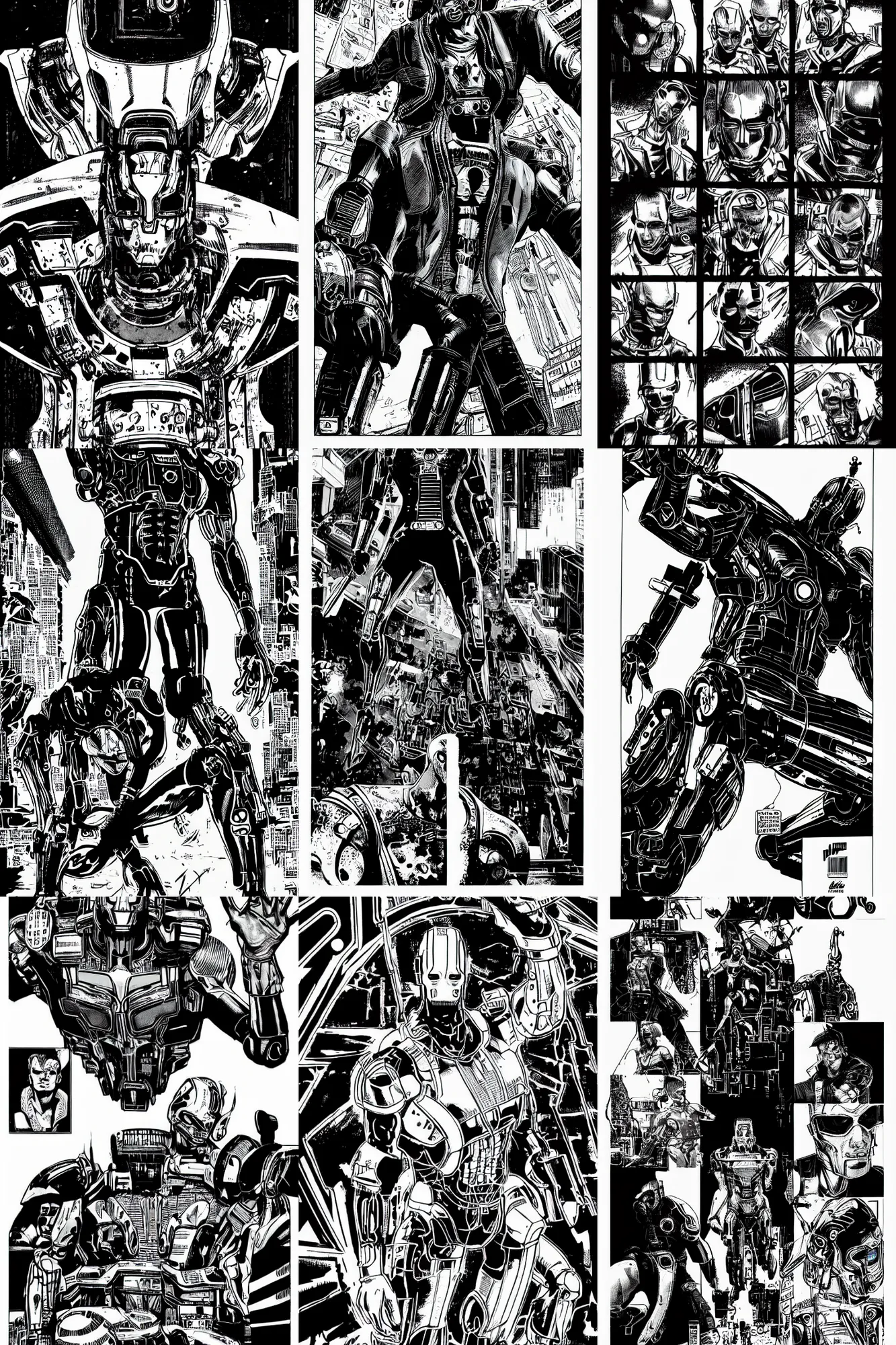 Prompt: ultron, a page from cyberpunk 2 0 2 0, style of paolo parente, style of mike jackson, adam smasher, johnny silverhand, 1 9 9 0 s comic book style, white background, ink drawing, black and white