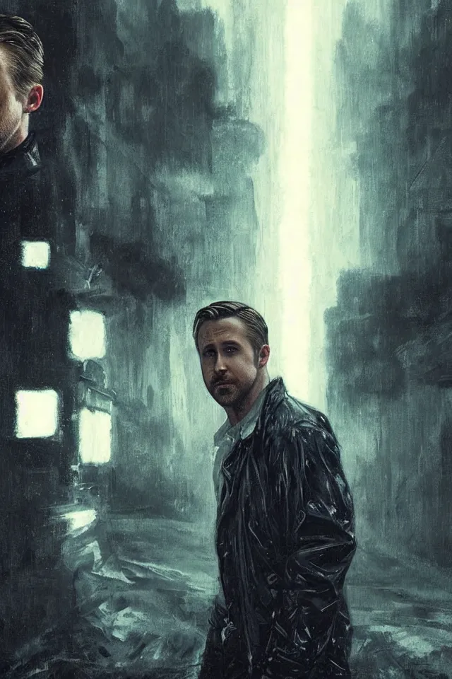 Image similar to Ryan Gosling As The Punisher, skull face makeup, head and shoulders portrait, stormy weather, extremely detailed masterpiece, oil on canvas, low-key neon lighting, artstation, Blade Runner 2049, Roger Deakin’s cinematography, by J. C. Leyendecker and Peter Paul Rubens and Edward Hopper and Michael Sowa