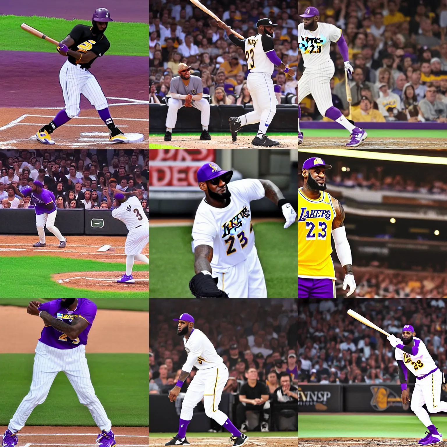 Prompt: lebron james at bat playing baseball for the lakers