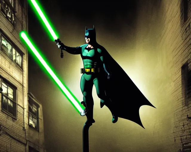 Image similar to a high definition photograph of Batman swinging a green lightsaber through a lamppost in a dark city alleyway at nighttime