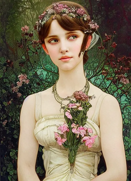 Prompt: realistic detailed painting of a 1 6 - year old girl who resembles millie bobby brown and natalie portman with a shy, blushing, coy expression wearing intricate, detailed, art nouveau bridal dress and jewelry by alphonse mucha, ayami kojima amano, charlie bowater, karol bak, greg hildebrandt