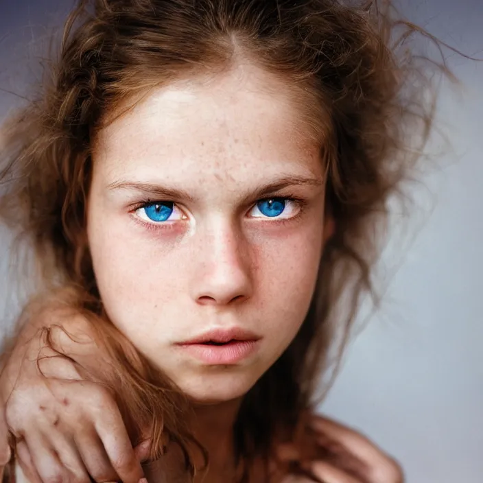 Prompt: Kodak Portra 400, 8K, highly detailed, dramatic photographic Close-up face of a extremely beautiful girl with clear blue eyes and brown hair , high light on the left, rim light, non-illuminated backdrop, illuminated by a dramatic light, Low key lighting, light dark, High constrast, dramatic , Steve Mccurry, Lee Jeffries , Norman Rockwell, Craig Mulins ,dark background, high quality, photo-realistic.