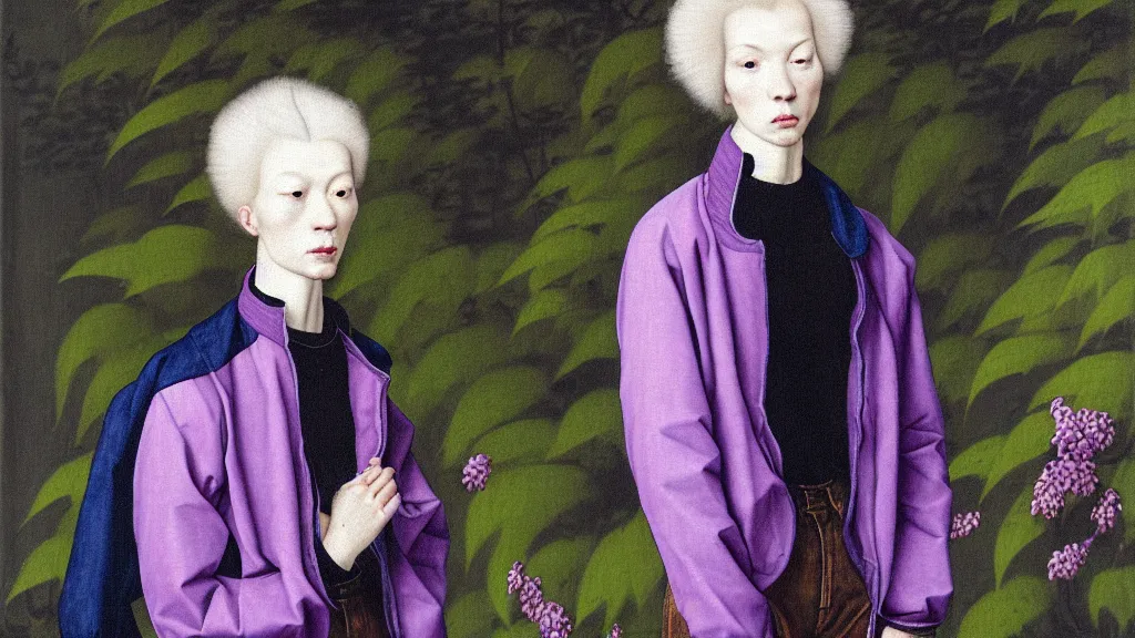 Prompt: portrait of a androgynous woman with lilac frizzy hair, wearing an embroidered jeans jackets, a high collar t - shirt and baggy jeans, in the style of rogier van der weyden and jacopo da pontormo, standing in a botanical garden, bjork aesthetic, masterpiece, cyberpunk, asian art