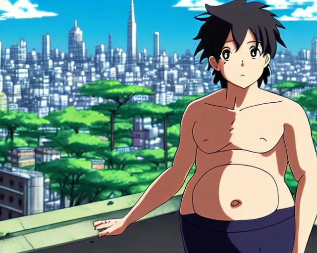Image similar to Handsome anime man with big pregnant belly, city in the background, highly detailed, anime by Studio Ghibli, sharp
