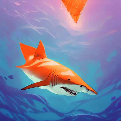 Image similar to half shark half orange and white traffic cone, wide shot, underwater background detailed atmospheric - ron cheng & alphonse mucha, highly detailed, digital painting, ray tracing, concept art, illustration, smooth sharp focus, intricate, symmetry, artstation,