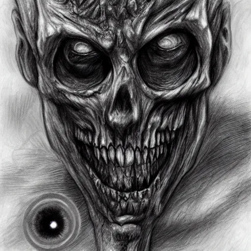 Prompt: a detailed pencil drawing of a nightmarish decaying flying zombie with claws and black holes in reality, trending on artstation