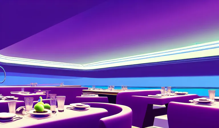 Image similar to a beautiful, sharp focus, clean lines. the interior of an art deco undersea restaurant. vaporwave ombre rendering. outrun style. trending on artstation. recommended for you behance. by chris moore. by edward hopper. ambient occlusion. digital matte painting. metropolis filmic. gotham city.