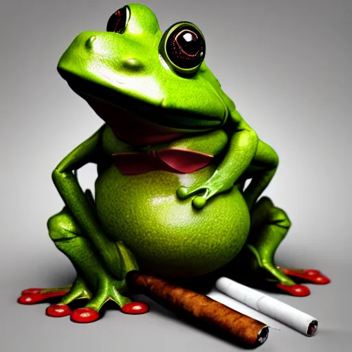 Image similar to a high quality photo of an antropomorphic frog wearing a suit smoking a cigar cigar cigar cigar, 3d scene, render, ultra realistic, artstation, cgsociety