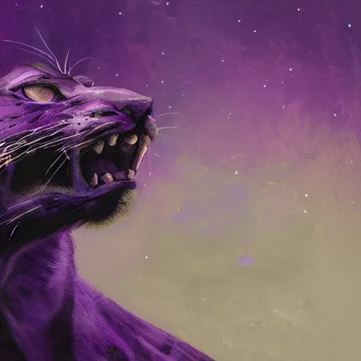 Prompt: closeup of a purple panther roaring at the moon in the forest. night. large moon in the center. z. cinematic. painting. concept art. rustic. gritty.