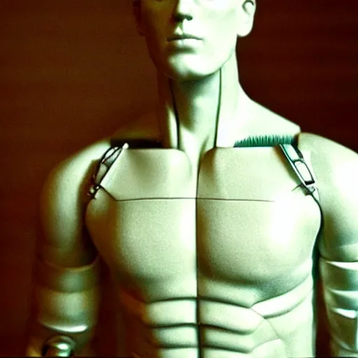 Image similar to “a realistic detailed photo of a guy who is an attractive humanoid who is half robot and half humanoid, who is a male android, Chris Evans, shiny skin, posing like a statue, blank stare”