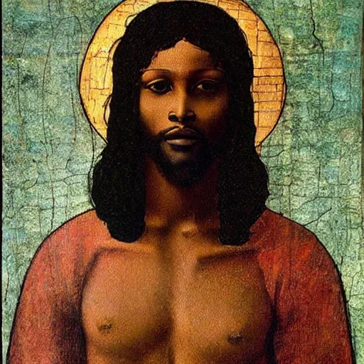 Image similar to painting of a black man as jesus by leonardo davinci