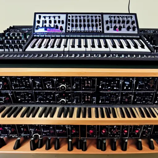 Prompt: moog system 100 modular synth covered in octopus tentacles