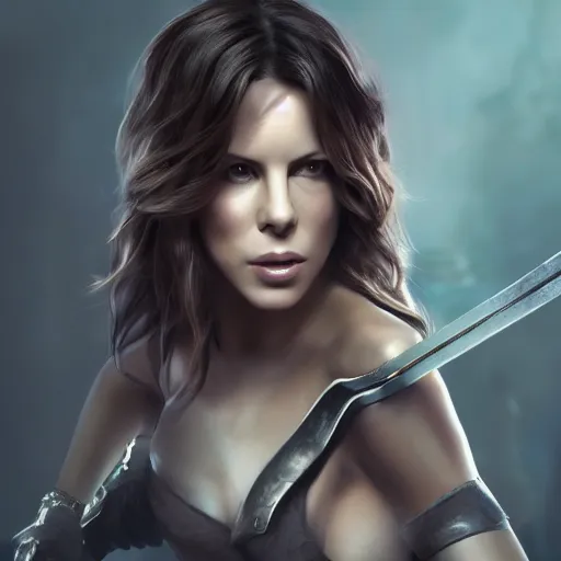 Prompt: kate beckinsdale as a swordswoman, by li didivi, by yun ling, by shal. e, grim expression, unreal engine, octane rendering, 8 k, closeup, full body, smooth, trending on artstation, digital illustration, grey hair