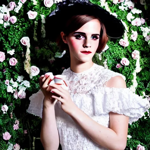 Image similar to on texture paper full body fashion model emma watson smokey eyes makeup eye shadow fantasy, glow, shimmer as victorian woman in a long white frilly lace dress and a large white hat having tea in a sunroom filled with flowers, roses and lush fern flowers ,intricate, night, highly detailed, dramatic lighting , high quality