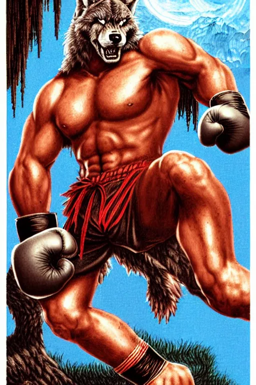 Image similar to extreme long shot. 8 bit nes graphics. antropomorphic muscular masculine wolf. kickboxer fighter, in shorts. wolf head. fine details, art from nes game cartridge, marc simonetti and hermann nitsch