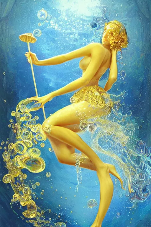 Prompt: epic 3 d oshun, goddess of beauty, liquid hands and feet spinning, 2 0 mm, with gold and yellow fresh water, melting smoothly into asymmetrical bubbles and fish, liquid, delicate, intricate, houdini sidefx, trending on artstation, by jeremy mann and ilya kuvshinov, jamie hewlett and ayami kojima