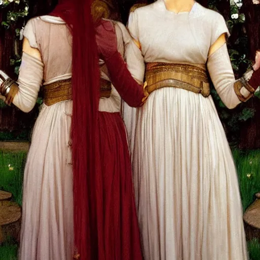 Image similar to !dream princess leia organa and queen padme amidala holding hands, perfect face, perfect body, flirty, full body portrait, drawn by john william waterhouse