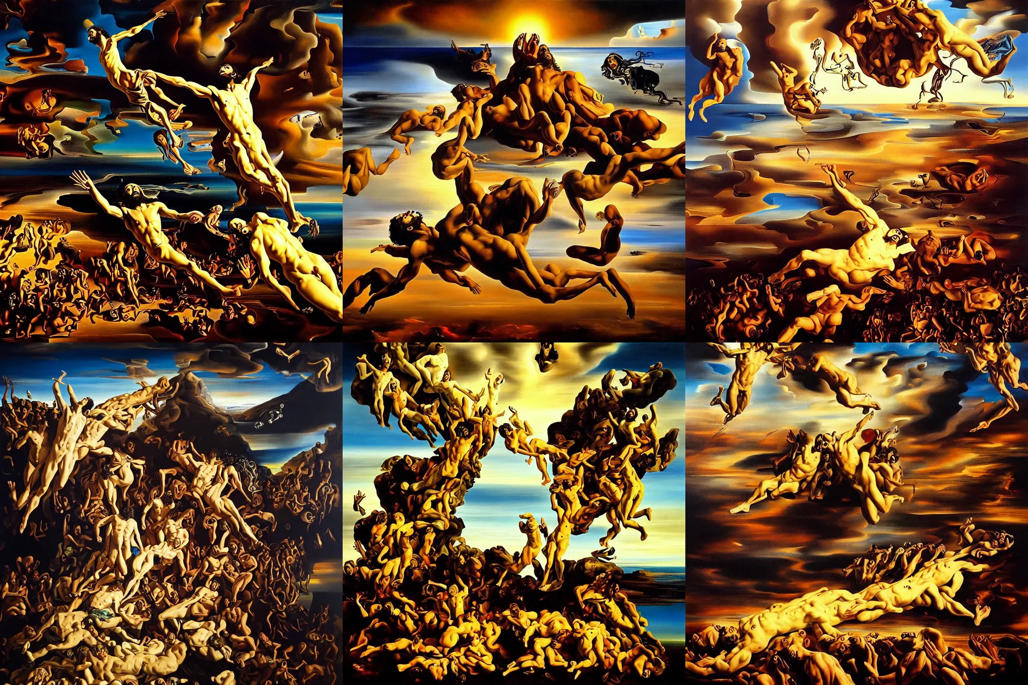 Prompt: a cinematic masterpiece oil painting of the death of god, by salvador dali, oil on canvas, trending on artstation, featured on pixiv, masterpiece, cinematic composition, beautiful lighting, sharp, hyper - detailed