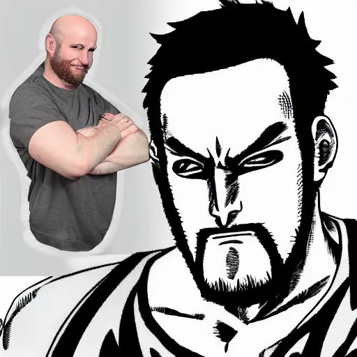 Image similar to bald ethan van sciver with a trimmed grey beard and point nose as an anime character