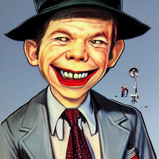 Prompt: high definition portrait of Alfred E Neuman with a gap tooth grin wearing a hat by Frank Kelly Freas