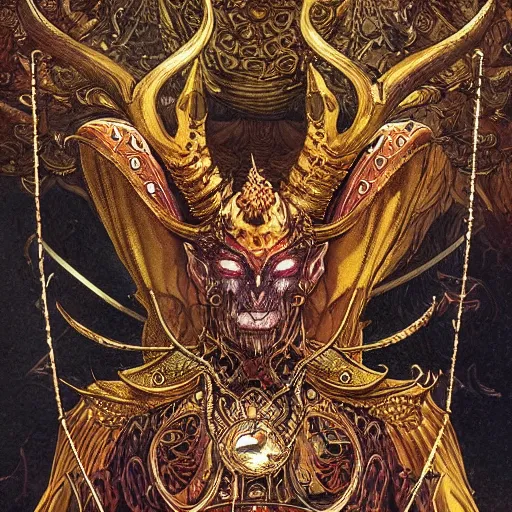 Prompt: horned demonic creature, golden horns inlaid with ornate gems of multi - faceted color, with wooden venetian panels penetrating its heart, charcter design, fantasy art, anime, full body illustration, digital art, by dore and addams, moebius, tsutomu nihei, very detailed, hd, 4 k