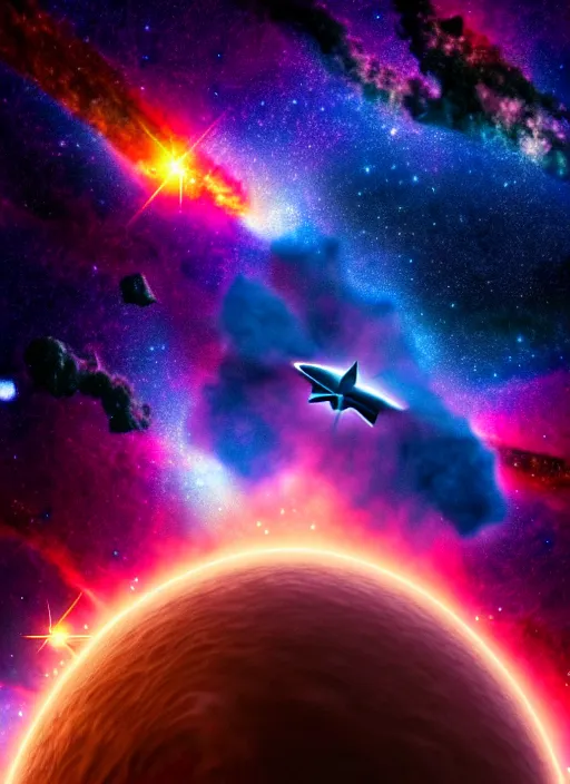 Image similar to starship in front of a nebula made of collapsing gas clouds and frozen young stars by eddie jones, eric barone in the style of pixelart, ultra realistic, smooth shadows, ultra detail, high resolution, cinematic, unreal 6, 8 k 3 d