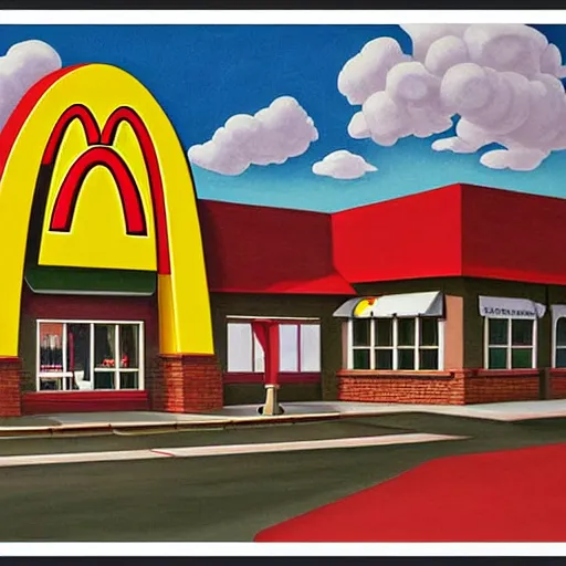 Prompt: painting of mcdonalds restaurant building, highly detailed, digital painting, smooth, sharp focus, art by m. c. escher