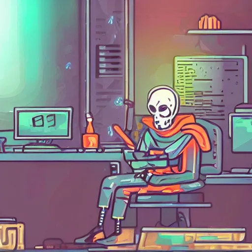 Image similar to a lich sitting in front of a computer writing code, phylactery in his other hand, cyberpunk style