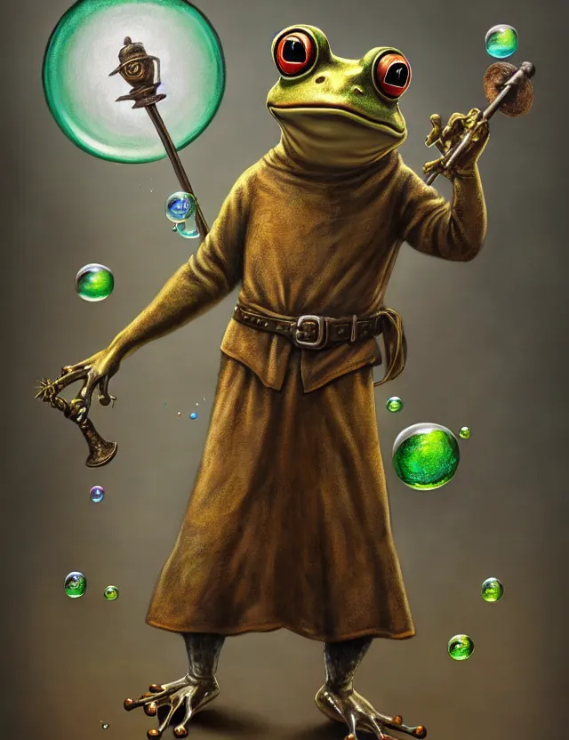 Prompt: anthropomorphic bipedal frog that is dressed as a medieval worker, and wielding a spiked mace, as a matte oil painting, d & d character reveal, by alex grey, standing, fullbody, floating bubbles, fog, mystic, concept art, award - winning, extremely detailed, sharp focus