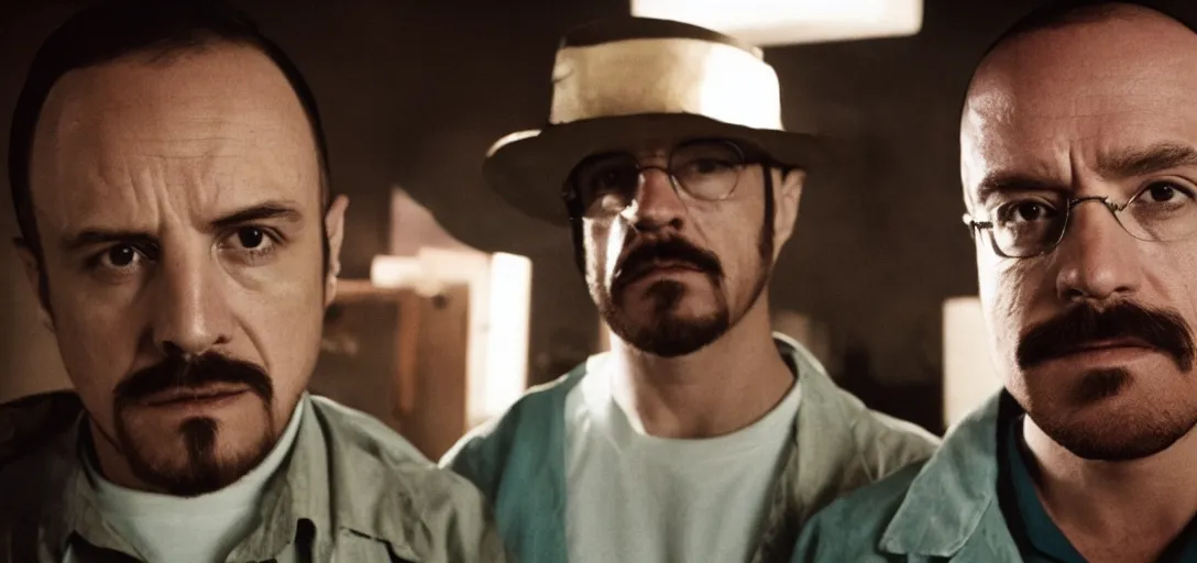 Image similar to mexican walter white and mexican jesse pinkman, cinematic lens, full shot, film still