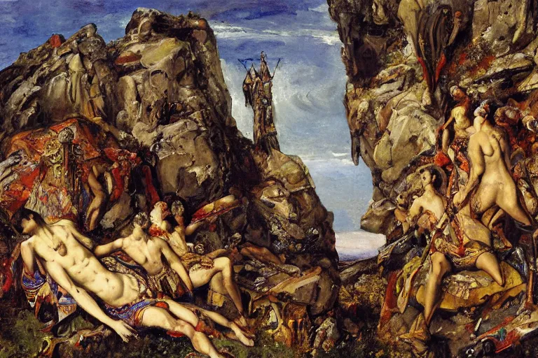 Prompt: a beautiful painting of a rocky landscape covered with bodies of medieval soldiers in shiny armors, dawn, by Georgia o keeffe, by Gustave Moreau