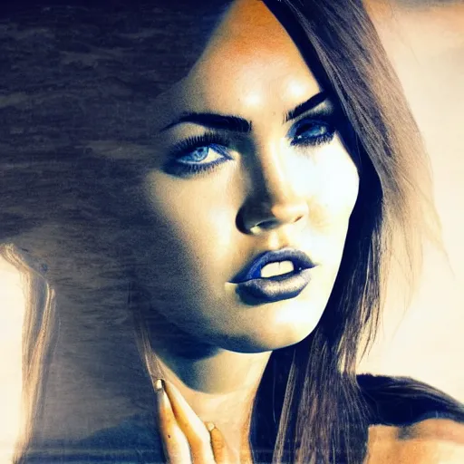 Prompt: double - exposure effect of megan fox face and beautiful mountains, mash up, blending, in the style of dan mountford