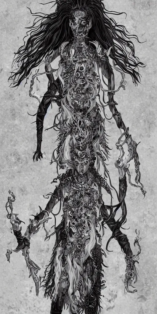 Image similar to full body and head , spiked black hair character design of realistic asian Sumerian Death Goddess ivory skin runic icons + mystical symbols, with small bleached bones covering vest and flowing electricity and smoke , fantasy, intricate, elegant, highly detailed, artstation, ,photoreal, ghostbusters , peter mordenbacher,Mike Winkelmann, ultra realistic, intricate, epic lighting, 8k resolution, unreal engine 5, ultraviolet colors