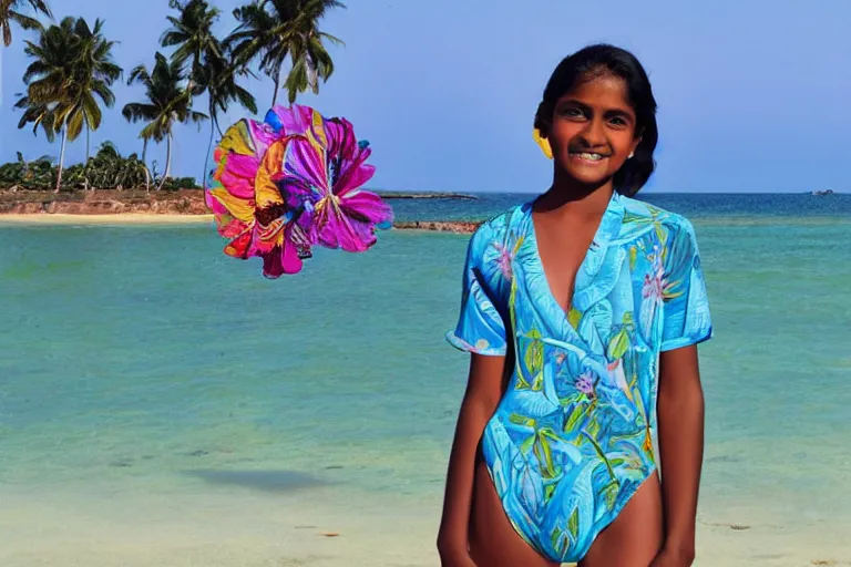 Image similar to a happy sri lankan girl in swinsuit at the beach with iridescent skin by kehinde wiley