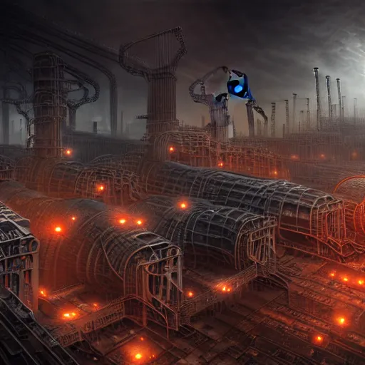 Image similar to futuristic dystopian endless, intricate, complex, labyrinthine, byzantine, tangled, industrial megafactory complex, smokestacks, pipelines and ducts and vents, matte painting, steampunk, smoke, night, gloomy, dark, dramatic, cinematic, volumetric lighting, gods eye view