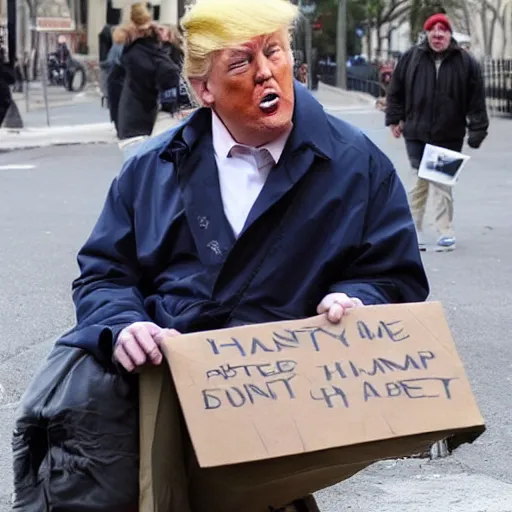 Image similar to donald trump dressed as a homeless man asking for money on the streets