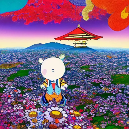 Prompt: a man walking on clouds above kyoto by takashi murakami,, aya takano color style, 4 k, super detailed