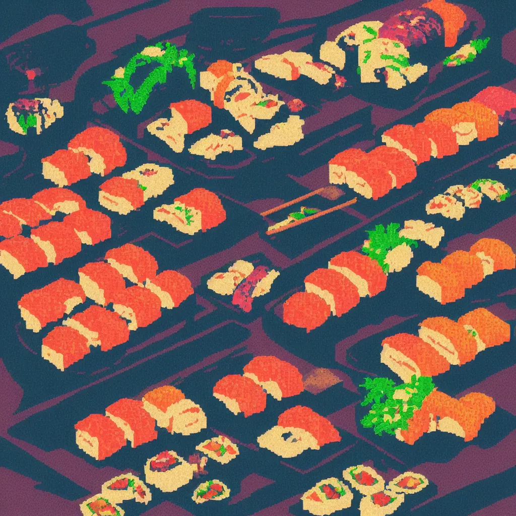 Prompt: best sushi in town, pixel art, synthwave