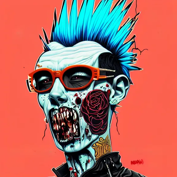 Image similar to a zombie punk rocker with a mohawk playing electric guitar, tristan eaton, victo ngai, artgerm, rhads, ross draws