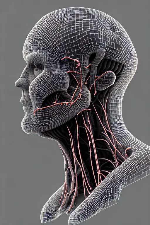 Image similar to 3D render of a rugged profile face portrait of a male cyborg, 150 mm, capacitors, Mandelbrot fractal, anatomical, flesh, facial muscles, neon wires, microchip, veins, arteries, full frame, microscopic, elegant, highly detailed, flesh ornate, elegant, high fashion, rim light, octane render in the style of H.R. Giger and Bouguereau