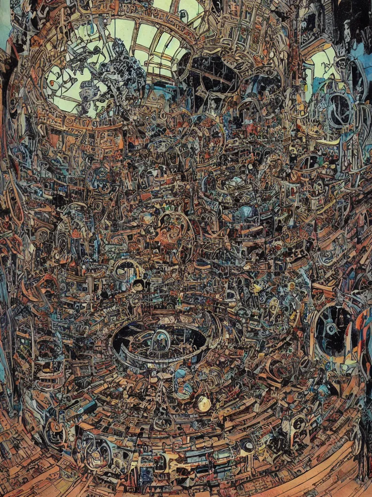 Prompt: Circular room with robot cat in the center, by Philippe Druillet