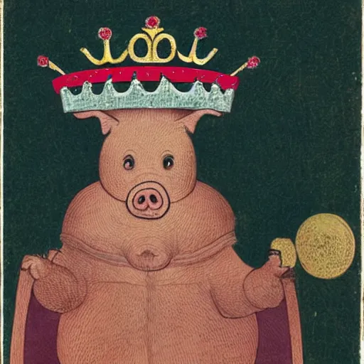 Prompt: pig depicted as a king wearing a crown