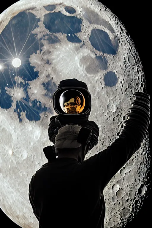 Image similar to extremely detailed portrait of space astronaut, wearing gloves, holds iphone, iphone visible, iphone in hand, reflection of the moon in visor, alien looking over shoulder from behind, extreme close shot, dramatic backlight, award winning photo by jimmy nelson