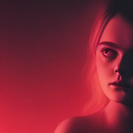 Image similar to silhouette of a Elle Fanning, pitch black room, extremely detailed masterpiece, oil on canvas, low-key neon lighting, artstation, Blade Runner 2049, Roger Deakin’s cinematography, by Whyn Lewis,