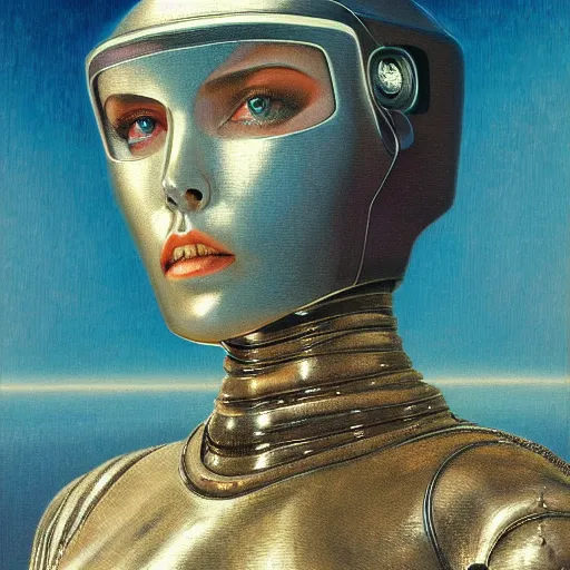 Image similar to portrait of beautiful gothic and futuristic woman, space armour, cyber armour, highly detailed, artstation, illustration, composition, 8 k quality, art by jean delville, rene magritte, hyperrealism oil painting