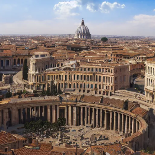 Image similar to realistic photo of a city that resembles rome during the height of the Roman Empire, 8k, wide shot, clear blue sky